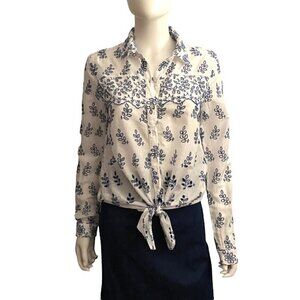 Eze Sur Mer White & Blue Front Tie Eyelet Top XSmall